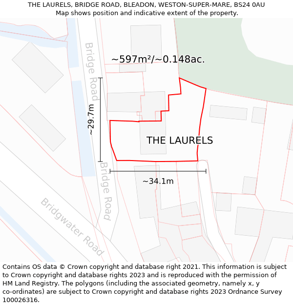 THE LAURELS, BRIDGE ROAD, BLEADON, WESTON-SUPER-MARE, BS24 0AU: Plot and title map