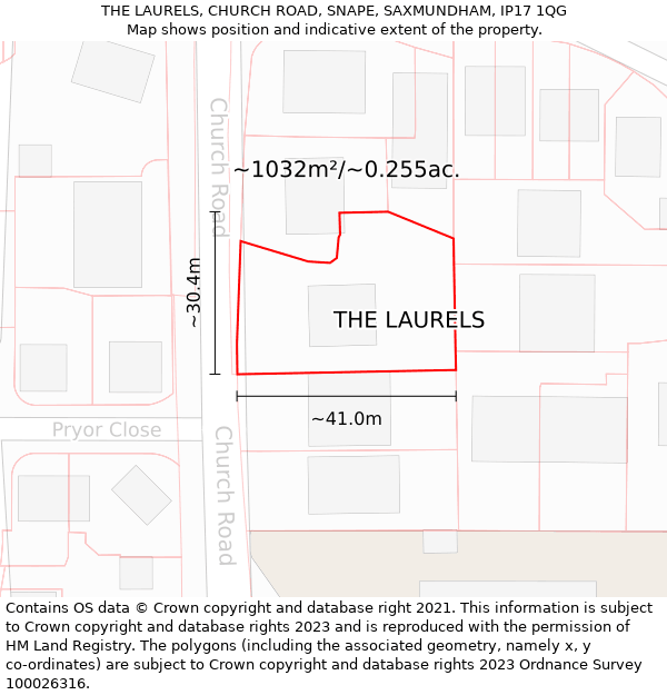 THE LAURELS, CHURCH ROAD, SNAPE, SAXMUNDHAM, IP17 1QG: Plot and title map