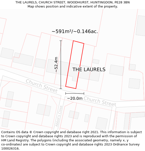 THE LAURELS, CHURCH STREET, WOODHURST, HUNTINGDON, PE28 3BN: Plot and title map