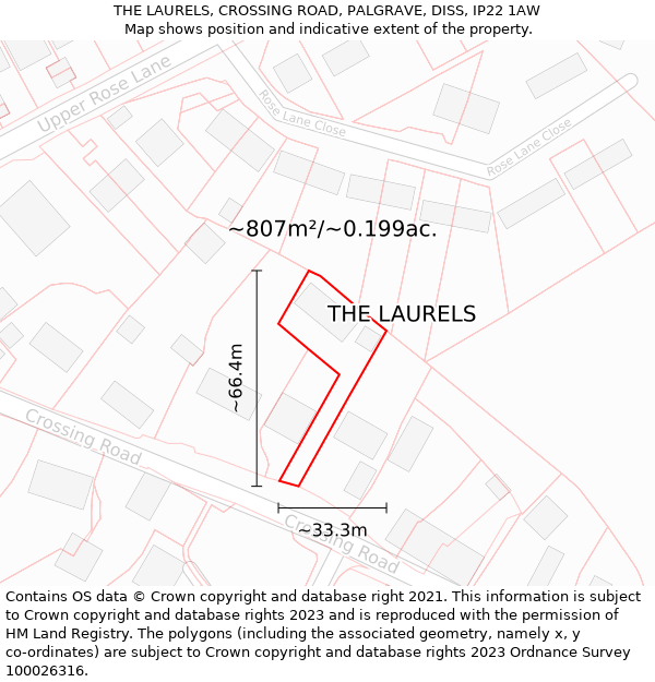 THE LAURELS, CROSSING ROAD, PALGRAVE, DISS, IP22 1AW: Plot and title map