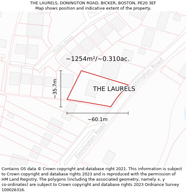 THE LAURELS, DONINGTON ROAD, BICKER, BOSTON, PE20 3EF: Plot and title map