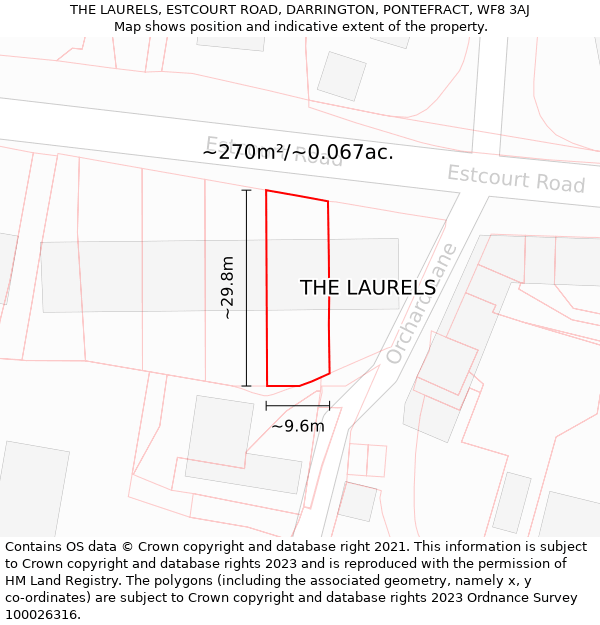 THE LAURELS, ESTCOURT ROAD, DARRINGTON, PONTEFRACT, WF8 3AJ: Plot and title map