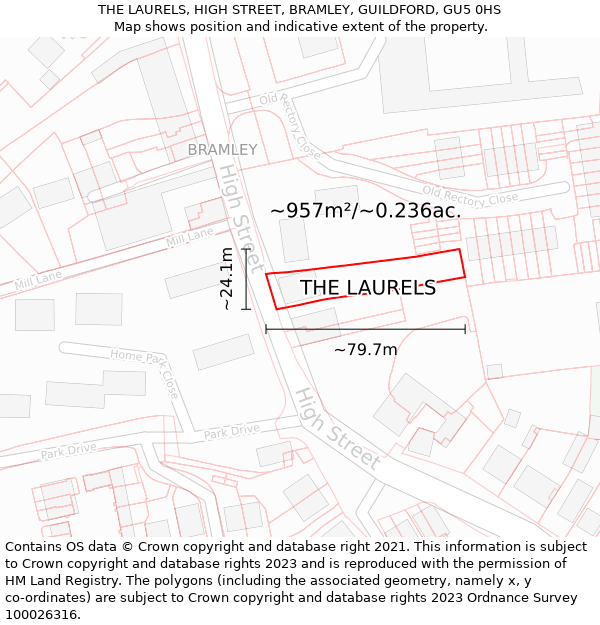 THE LAURELS, HIGH STREET, BRAMLEY, GUILDFORD, GU5 0HS: Plot and title map