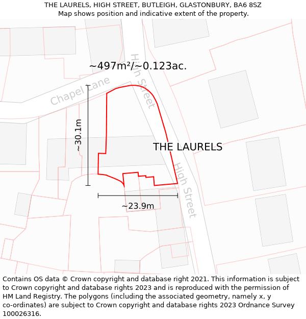 THE LAURELS, HIGH STREET, BUTLEIGH, GLASTONBURY, BA6 8SZ: Plot and title map