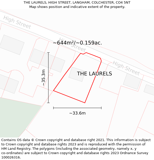THE LAURELS, HIGH STREET, LANGHAM, COLCHESTER, CO4 5NT: Plot and title map
