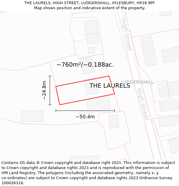 THE LAURELS, HIGH STREET, LUDGERSHALL, AYLESBURY, HP18 9PF: Plot and title map