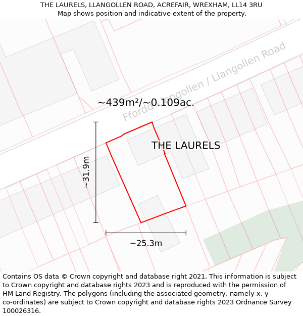 THE LAURELS, LLANGOLLEN ROAD, ACREFAIR, WREXHAM, LL14 3RU: Plot and title map