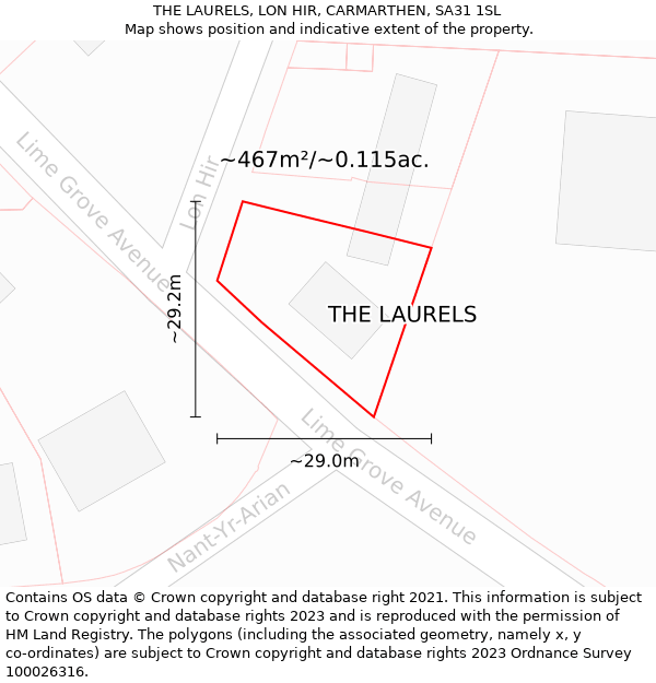 THE LAURELS, LON HIR, CARMARTHEN, SA31 1SL: Plot and title map