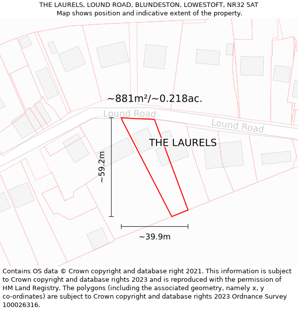 THE LAURELS, LOUND ROAD, BLUNDESTON, LOWESTOFT, NR32 5AT: Plot and title map