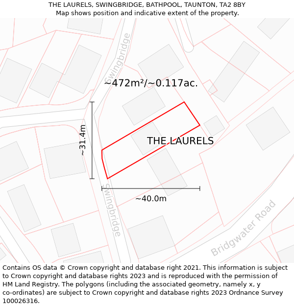 THE LAURELS, SWINGBRIDGE, BATHPOOL, TAUNTON, TA2 8BY: Plot and title map