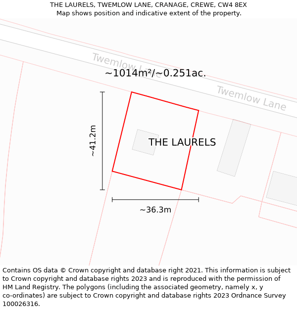 THE LAURELS, TWEMLOW LANE, CRANAGE, CREWE, CW4 8EX: Plot and title map