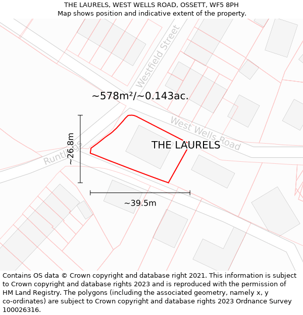 THE LAURELS, WEST WELLS ROAD, OSSETT, WF5 8PH: Plot and title map