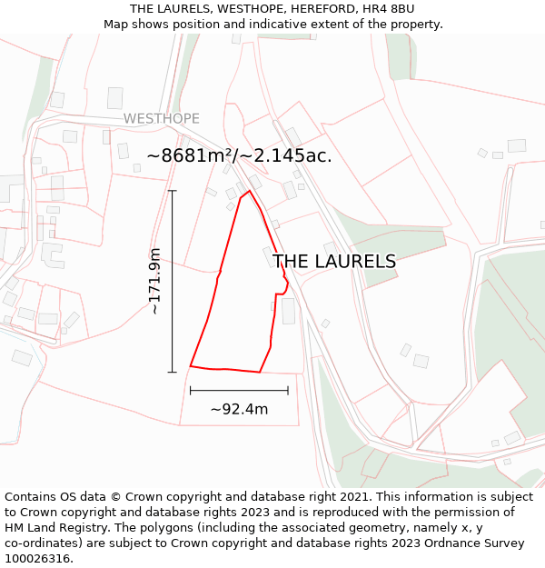 THE LAURELS, WESTHOPE, HEREFORD, HR4 8BU: Plot and title map