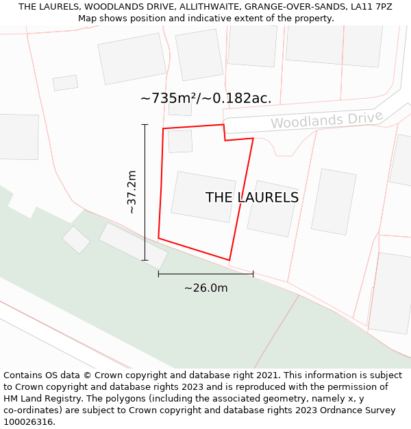 THE LAURELS, WOODLANDS DRIVE, ALLITHWAITE, GRANGE-OVER-SANDS, LA11 7PZ: Plot and title map