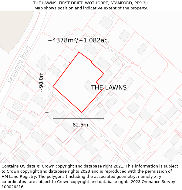 THE LAWNS, FIRST DRIFT, WOTHORPE, STAMFORD, PE9 3JL: Plot and title map