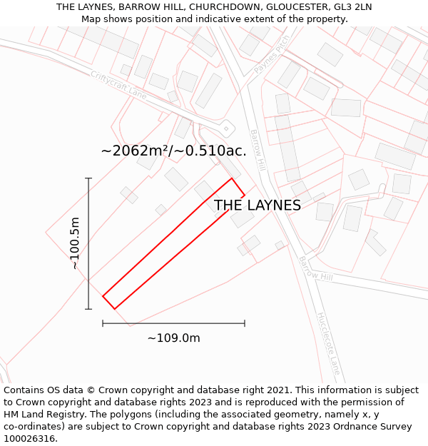 THE LAYNES, BARROW HILL, CHURCHDOWN, GLOUCESTER, GL3 2LN: Plot and title map