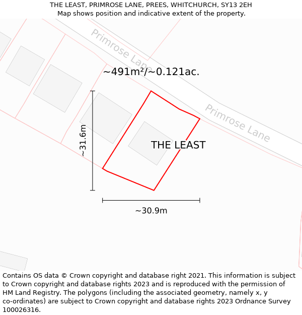 THE LEAST, PRIMROSE LANE, PREES, WHITCHURCH, SY13 2EH: Plot and title map