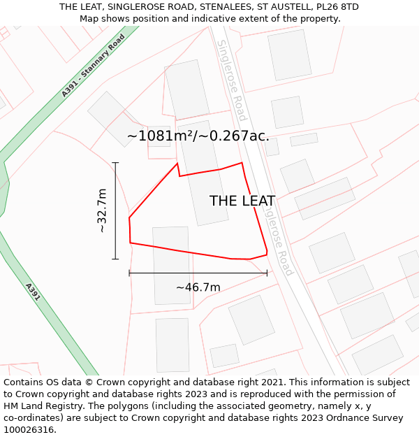 THE LEAT, SINGLEROSE ROAD, STENALEES, ST AUSTELL, PL26 8TD: Plot and title map