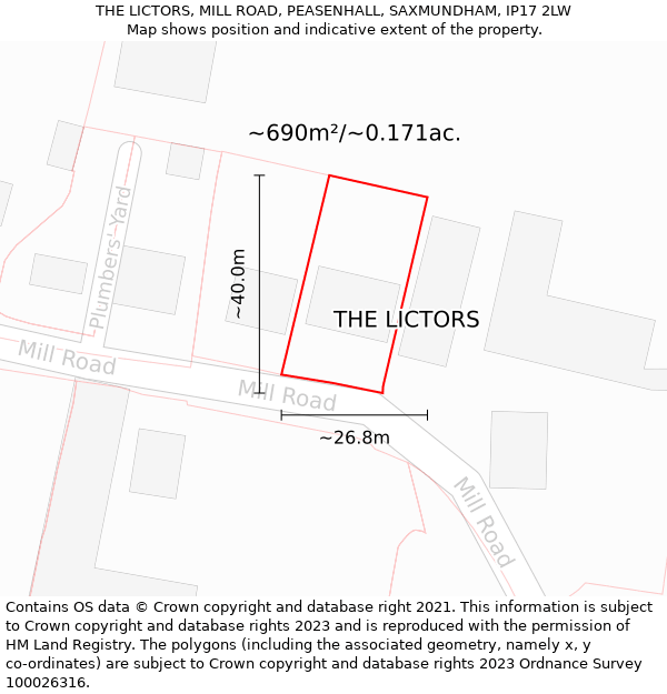 THE LICTORS, MILL ROAD, PEASENHALL, SAXMUNDHAM, IP17 2LW: Plot and title map