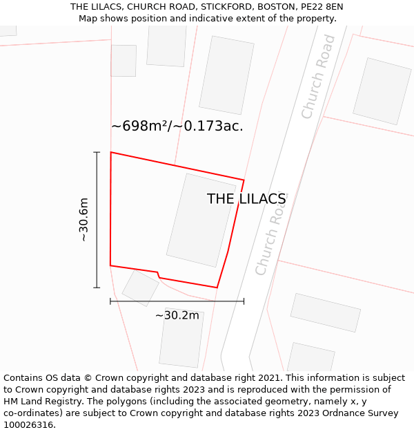 THE LILACS, CHURCH ROAD, STICKFORD, BOSTON, PE22 8EN: Plot and title map