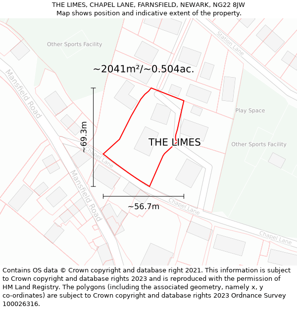 THE LIMES, CHAPEL LANE, FARNSFIELD, NEWARK, NG22 8JW: Plot and title map