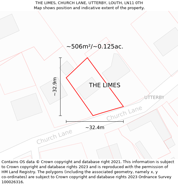 THE LIMES, CHURCH LANE, UTTERBY, LOUTH, LN11 0TH: Plot and title map