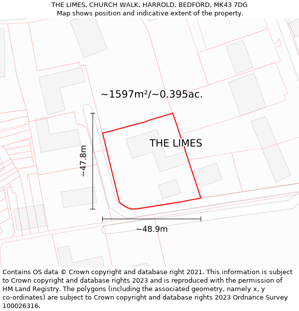 THE LIMES, CHURCH WALK, HARROLD, BEDFORD, MK43 7DG: Plot and title map
