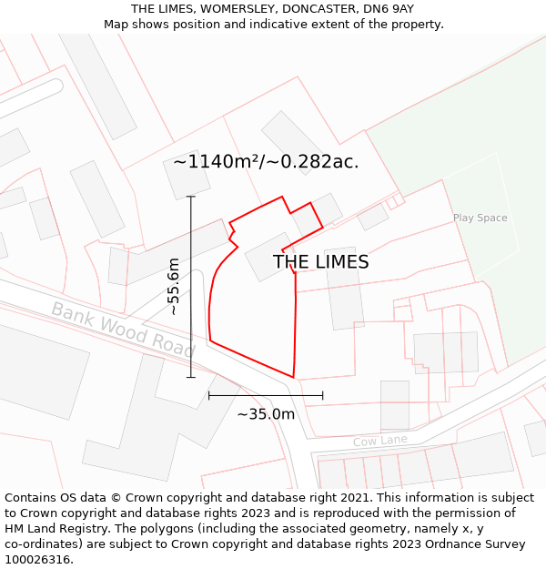 THE LIMES, WOMERSLEY, DONCASTER, DN6 9AY: Plot and title map