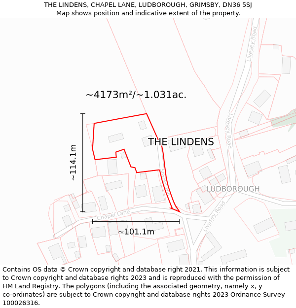 THE LINDENS, CHAPEL LANE, LUDBOROUGH, GRIMSBY, DN36 5SJ: Plot and title map