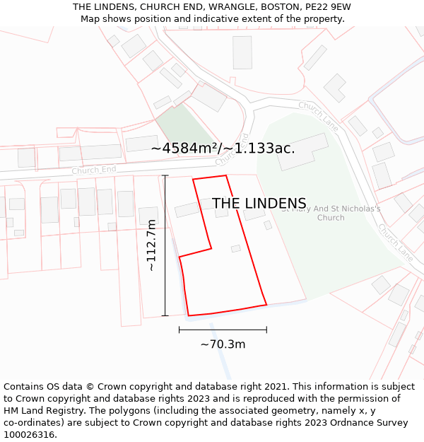 THE LINDENS, CHURCH END, WRANGLE, BOSTON, PE22 9EW: Plot and title map