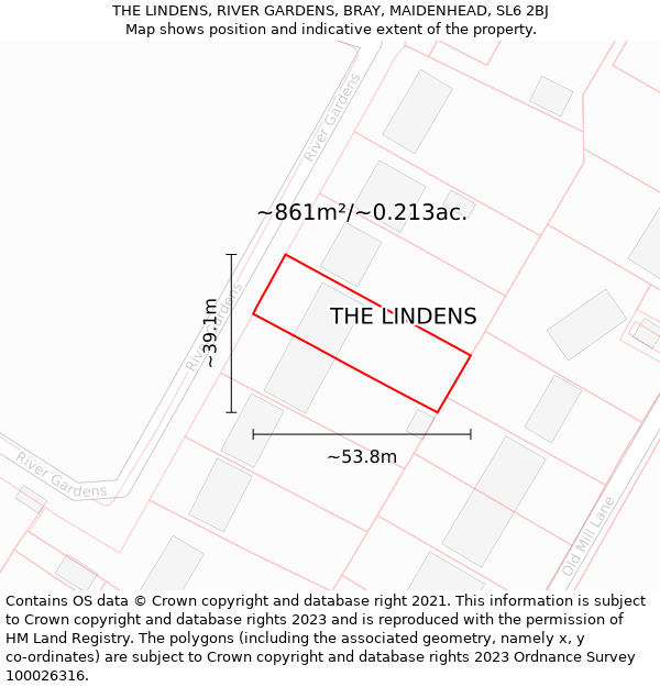 THE LINDENS, RIVER GARDENS, BRAY, MAIDENHEAD, SL6 2BJ: Plot and title map