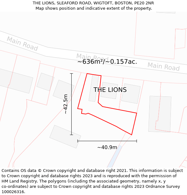 THE LIONS, SLEAFORD ROAD, WIGTOFT, BOSTON, PE20 2NR: Plot and title map