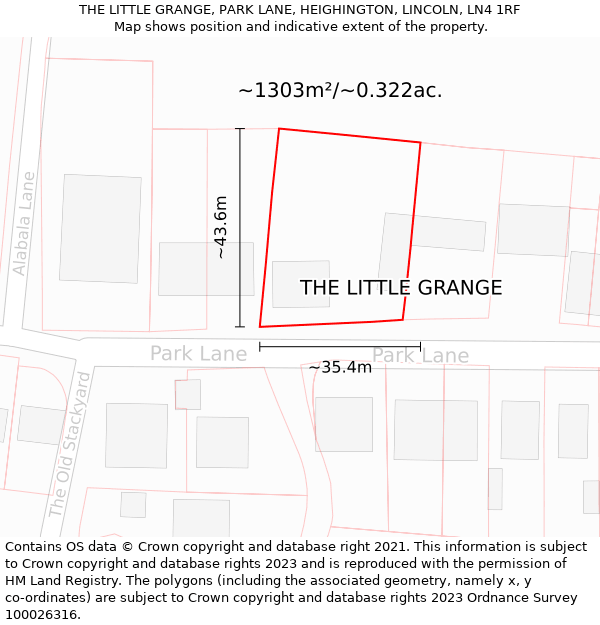 THE LITTLE GRANGE, PARK LANE, HEIGHINGTON, LINCOLN, LN4 1RF: Plot and title map