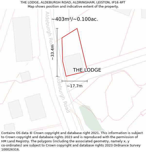 THE LODGE, ALDEBURGH ROAD, ALDRINGHAM, LEISTON, IP16 4PT: Plot and title map