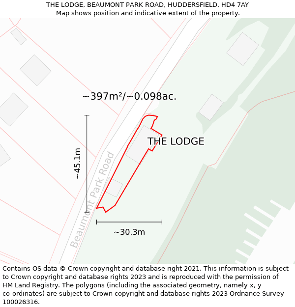 THE LODGE, BEAUMONT PARK ROAD, HUDDERSFIELD, HD4 7AY: Plot and title map