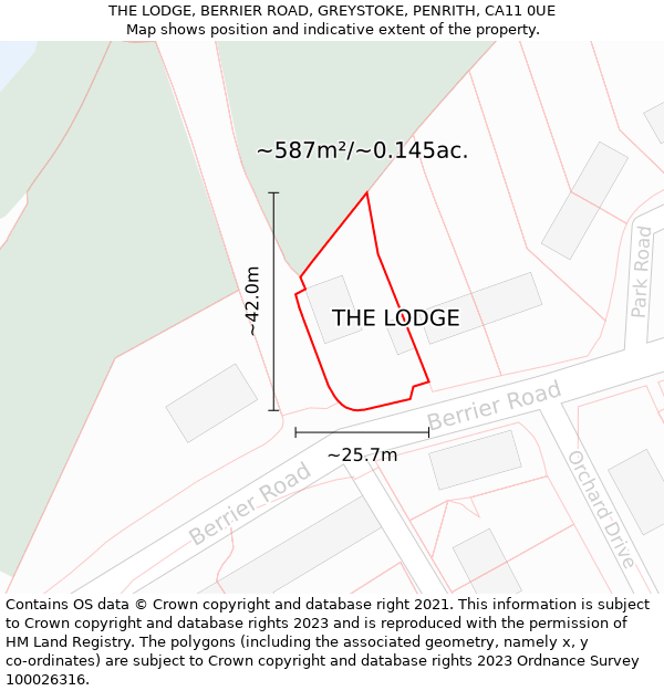 THE LODGE, BERRIER ROAD, GREYSTOKE, PENRITH, CA11 0UE: Plot and title map