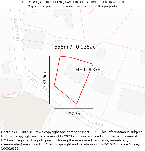 THE LODGE, CHURCH LANE, EASTERGATE, CHICHESTER, PO20 3UT: Plot and title map