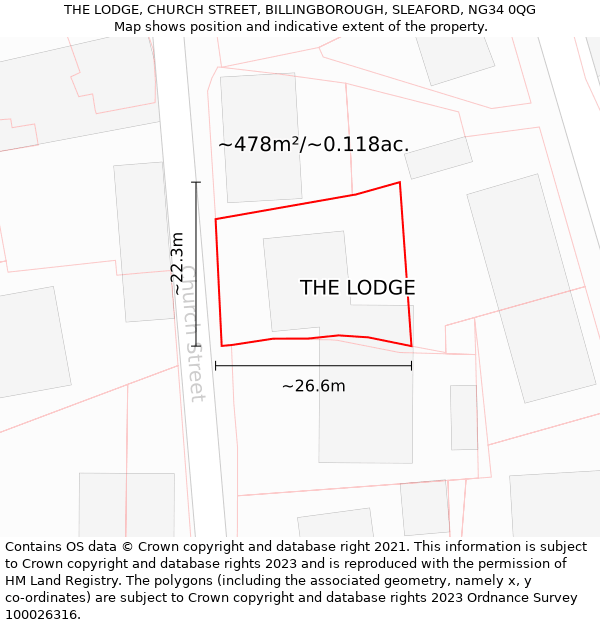 THE LODGE, CHURCH STREET, BILLINGBOROUGH, SLEAFORD, NG34 0QG: Plot and title map