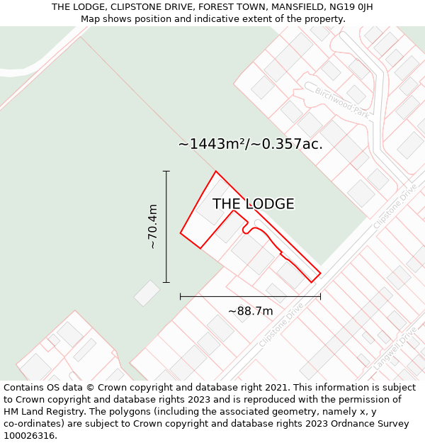 THE LODGE, CLIPSTONE DRIVE, FOREST TOWN, MANSFIELD, NG19 0JH: Plot and title map