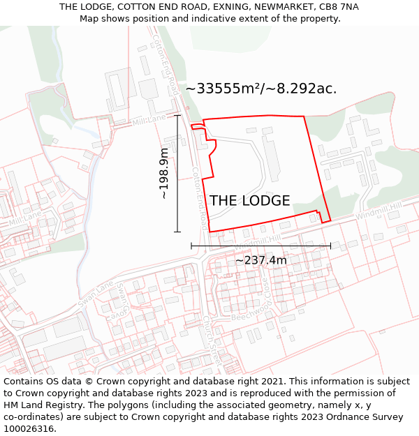 THE LODGE, COTTON END ROAD, EXNING, NEWMARKET, CB8 7NA: Plot and title map