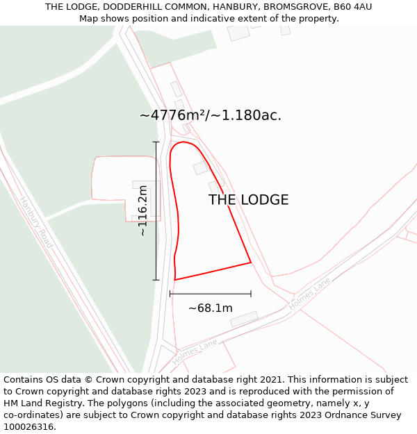 THE LODGE, DODDERHILL COMMON, HANBURY, BROMSGROVE, B60 4AU: Plot and title map