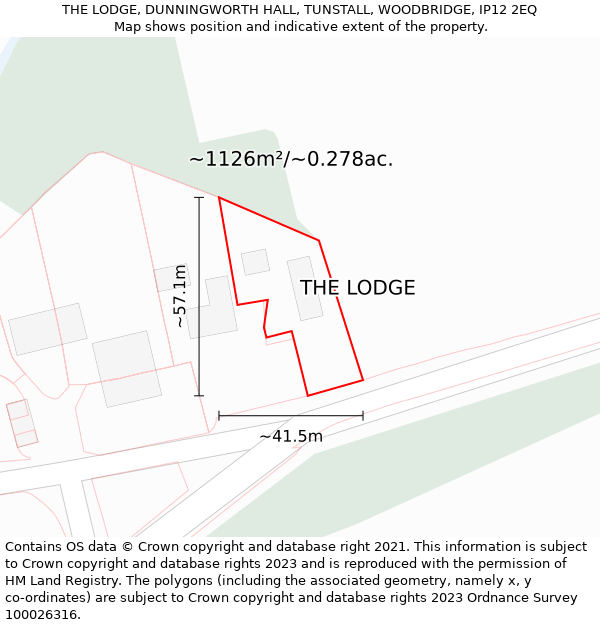 THE LODGE, DUNNINGWORTH HALL, TUNSTALL, WOODBRIDGE, IP12 2EQ: Plot and title map