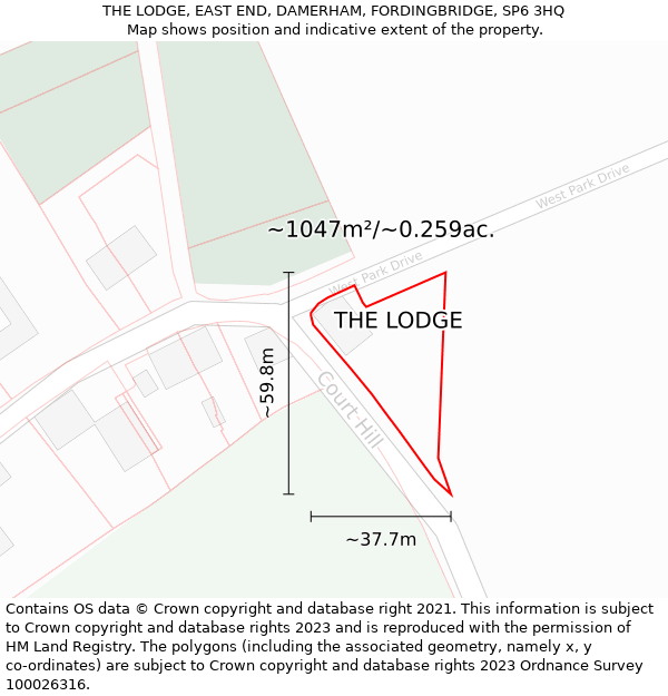 THE LODGE, EAST END, DAMERHAM, FORDINGBRIDGE, SP6 3HQ: Plot and title map