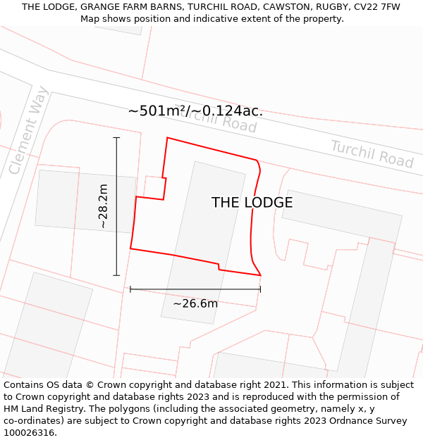 THE LODGE, GRANGE FARM BARNS, TURCHIL ROAD, CAWSTON, RUGBY, CV22 7FW: Plot and title map