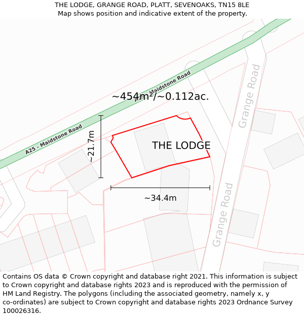 THE LODGE, GRANGE ROAD, PLATT, SEVENOAKS, TN15 8LE: Plot and title map