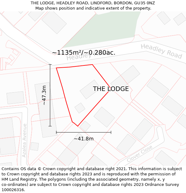 THE LODGE, HEADLEY ROAD, LINDFORD, BORDON, GU35 0NZ: Plot and title map