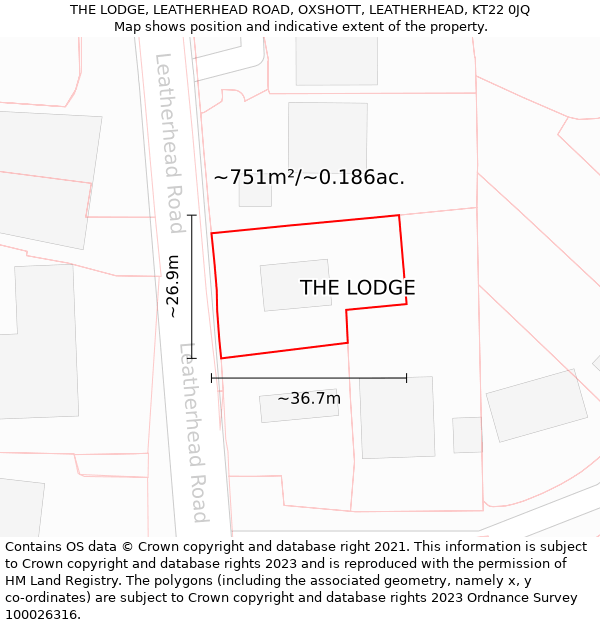 THE LODGE, LEATHERHEAD ROAD, OXSHOTT, LEATHERHEAD, KT22 0JQ: Plot and title map