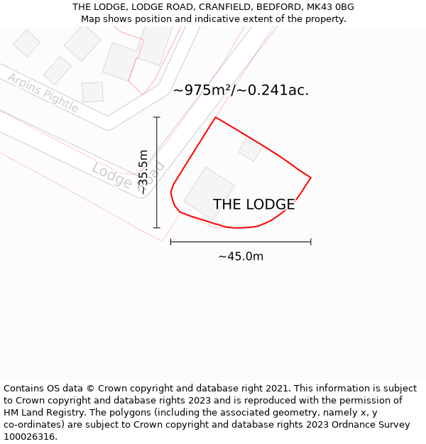 THE LODGE, LODGE ROAD, CRANFIELD, BEDFORD, MK43 0BG: Plot and title map