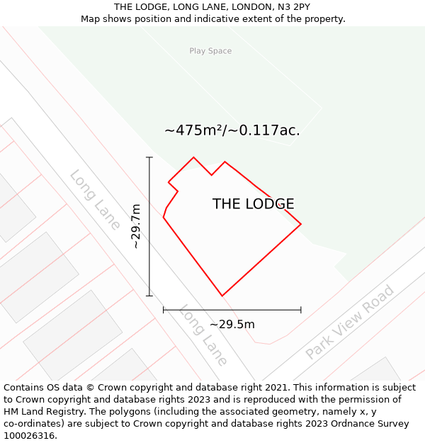THE LODGE, LONG LANE, LONDON, N3 2PY: Plot and title map