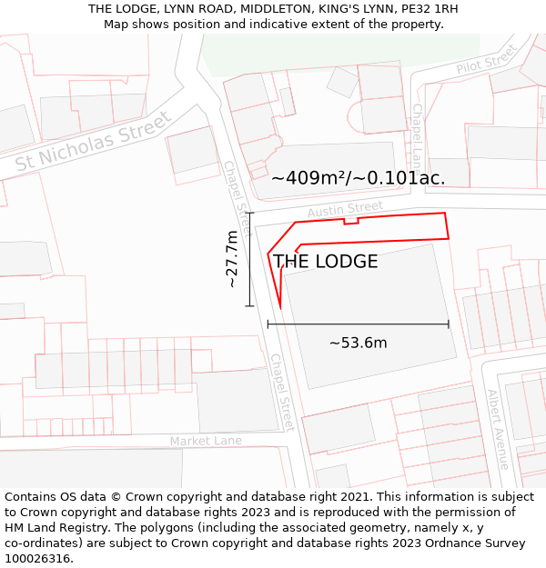 THE LODGE, LYNN ROAD, MIDDLETON, KING'S LYNN, PE32 1RH: Plot and title map